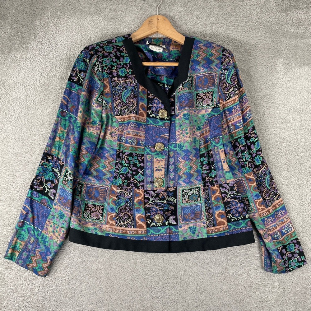 Lady Carol Petites Blazer Womens 10 Multicolor Paisley Patchwork Rayon Vintage